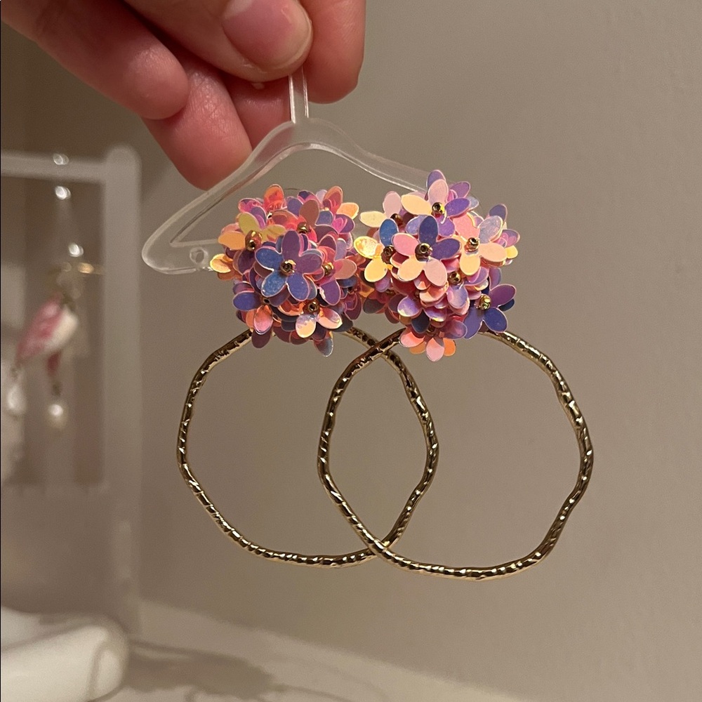 Gold and Pink Floral Hoop Earrings